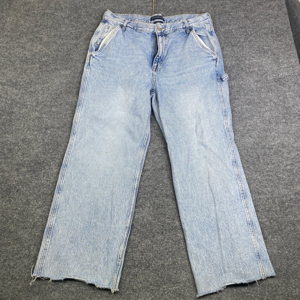Aeropostale 90s Baggy Carpenter Jeans Light Wash Raw Hem Blue Denim Womens 14